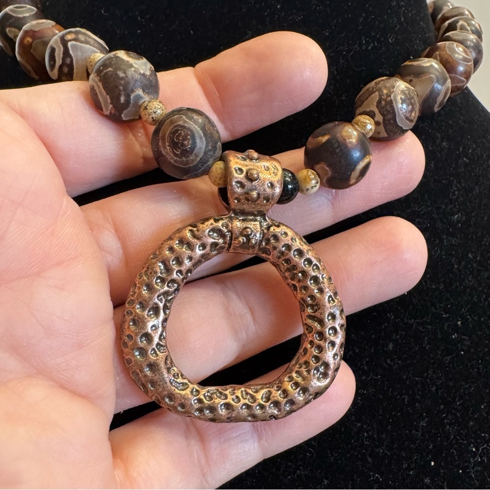 Natural Tibetan Agate Stone Necklace Brown Eye Dzi 15mm Beaded Copper Pendant